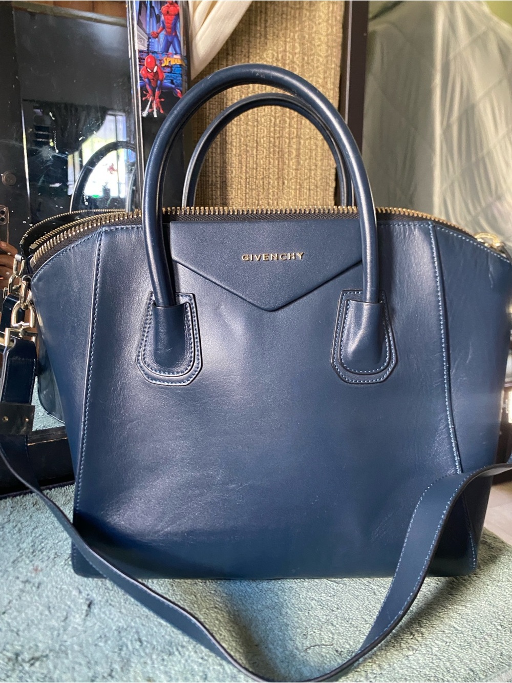 Givenchy Navy Leather Antigona Satchel with Shoulder Strap